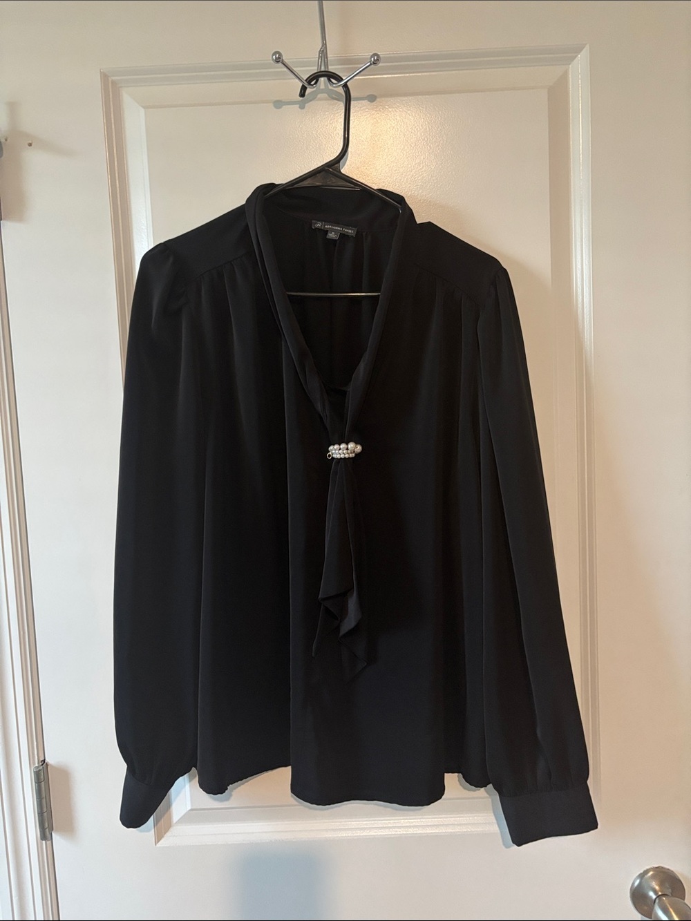 Adrianna Papell Black Tie-Neck Blouse with Pearl Cluster
